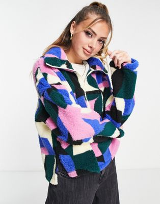 Monki borg zip front sweat in abstract print