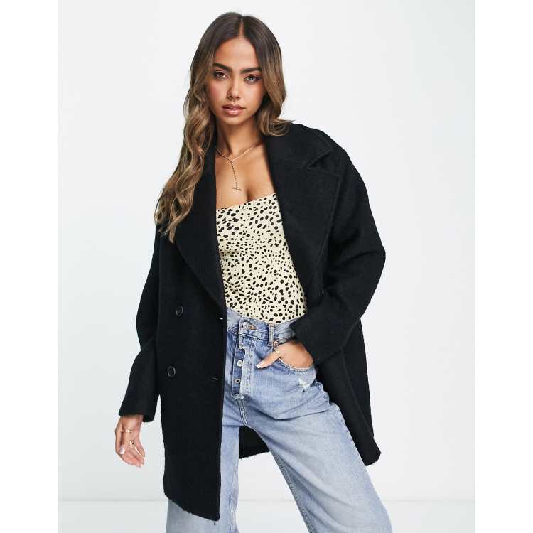 Monki boucle double breasted coat in black