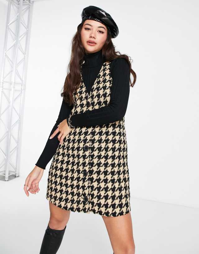 Monki boucle sleeveless mini dress in houndstooth