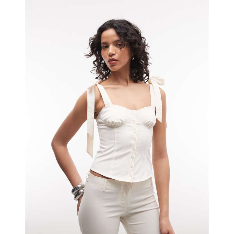 Monki bow shoulder corset top co-ord in ecru | ASOS