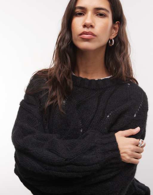 Monki boxy cable knit jumper in black, 2 of 4