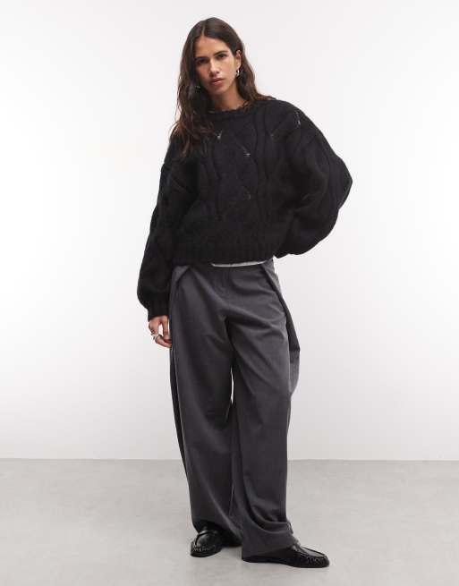 Monki boxy cable knit jumper in black, 3 of 4