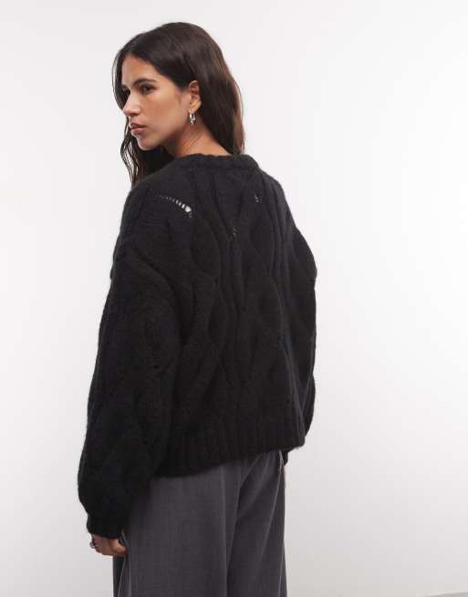 Monki boxy cable knit jumper in black, 4 of 4