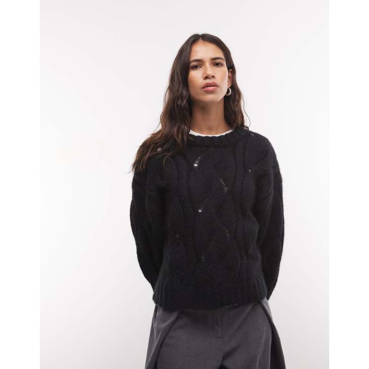 Monki boxy cable knit sweater in black | ASOS