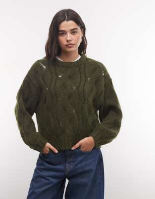 Monki Boxy Cable Knit Sweater In Green