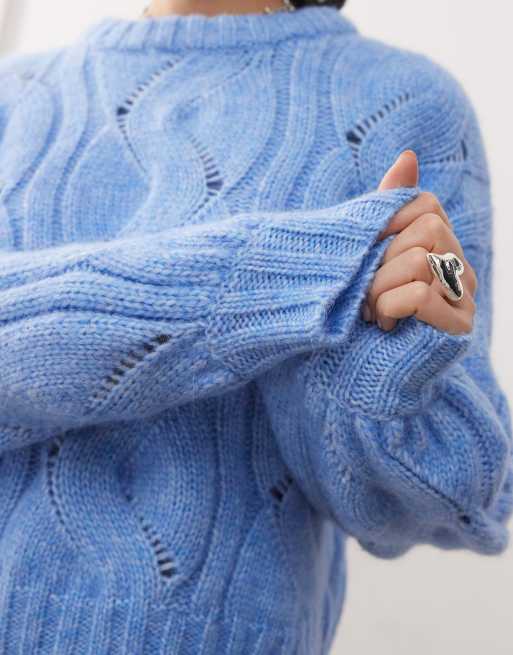 Monki boxy cropped cable knit sweater in blue