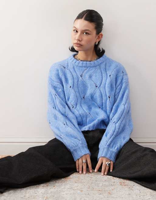 Monki boxy cropped cable knit sweater in blue | ASOS