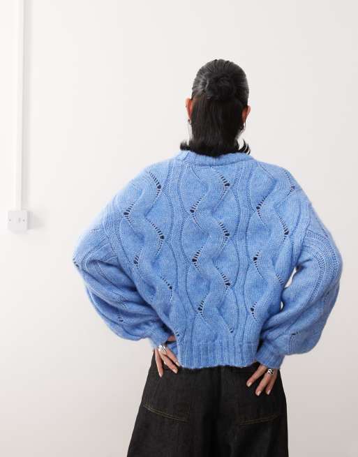 Monki boxy cropped cable knit sweater in blue