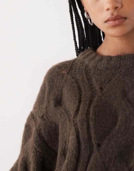 Monki boxy cropped cable knit sweater in chocolate brown, 4 of 4