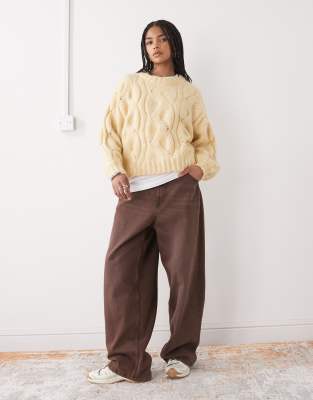 Monki Boxy Cropped Cable Knit Sweater In Neutral