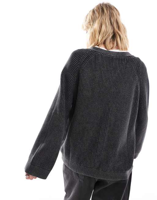 Monki boxy fit cable knit cardigan in off-black