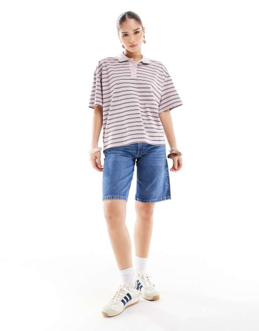 Monki boxy fit polo shirt in pink stripe, 2 of 4