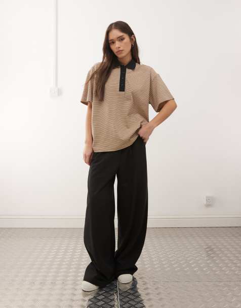 Monki boxy fit short sleeve rugby polo shirt in beige and black stripe