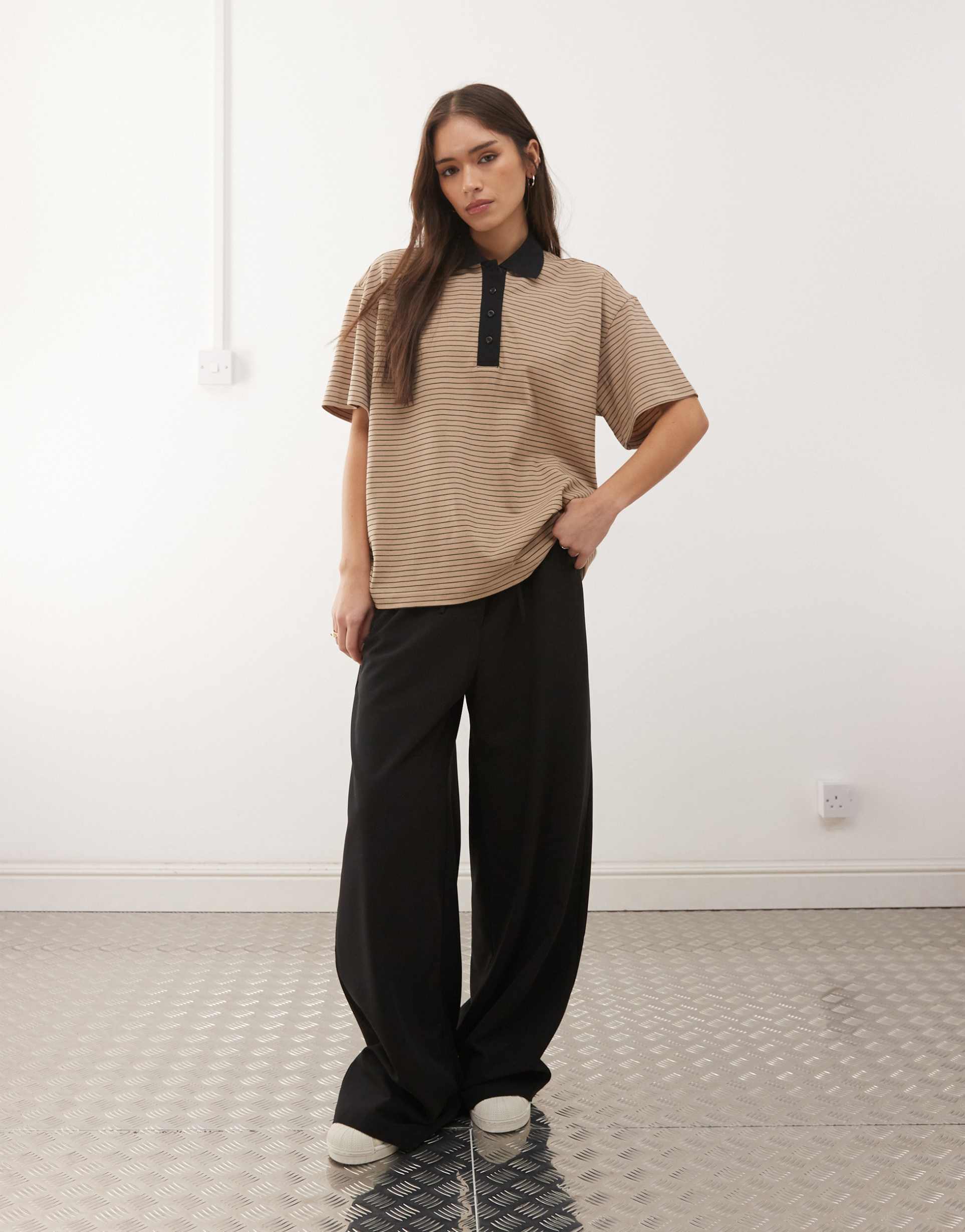 monki boxy fit short sleeve polo shirt in beige and black stripes