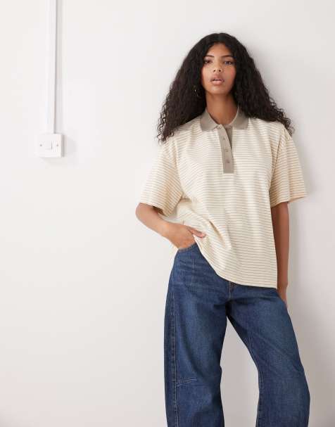 Monki boxy fit short sleeve polo shirt in lemon stripes - view 1