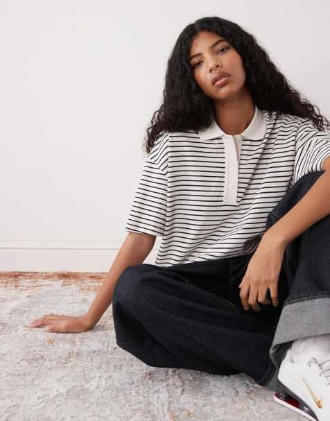 Monki boxy fit short sleeve polo shirt in white stripe - view 1
