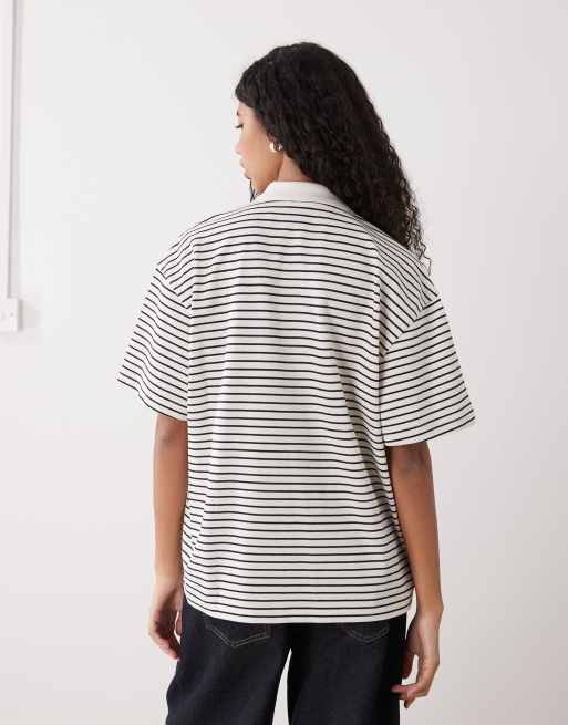 Monki boxy fit short sleeve polo shirt in white stripe, 3 of 4