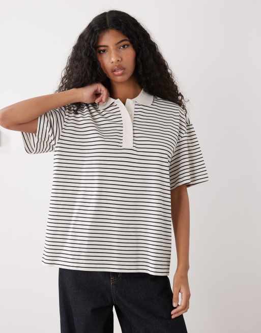 Monki boxy fit short sleeve polo shirt in white stripe, 4 of 4