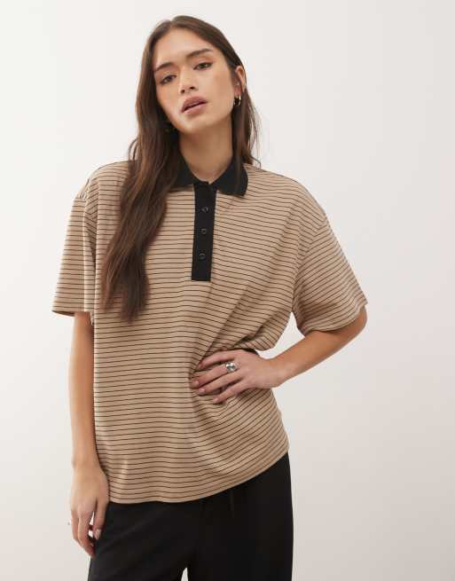 Monki boxy fit short sleeve rugby polo shirt in beige and black stripe, 2 of 4