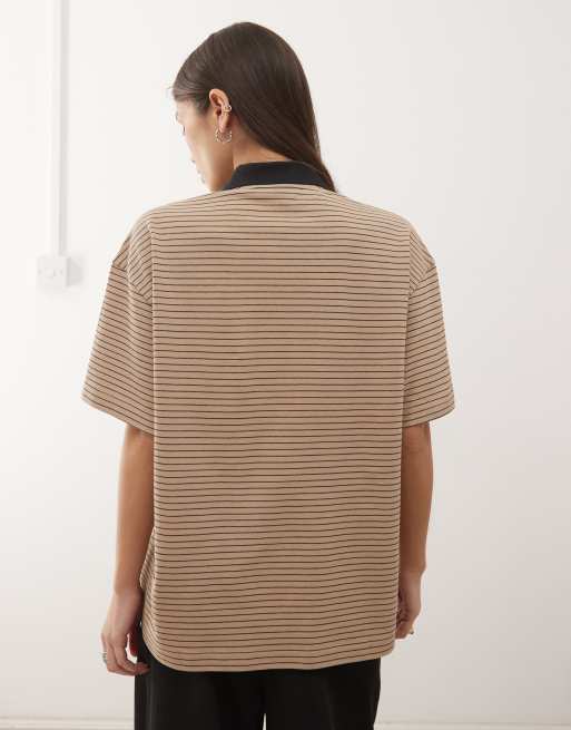 Monki boxy fit short sleeve rugby polo shirt in beige and black stripe, 4 of 4