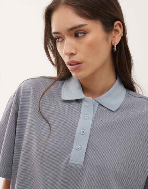 Monki boxy fit short sleeve rugby polo shirt in blue stripe, 3 of 4