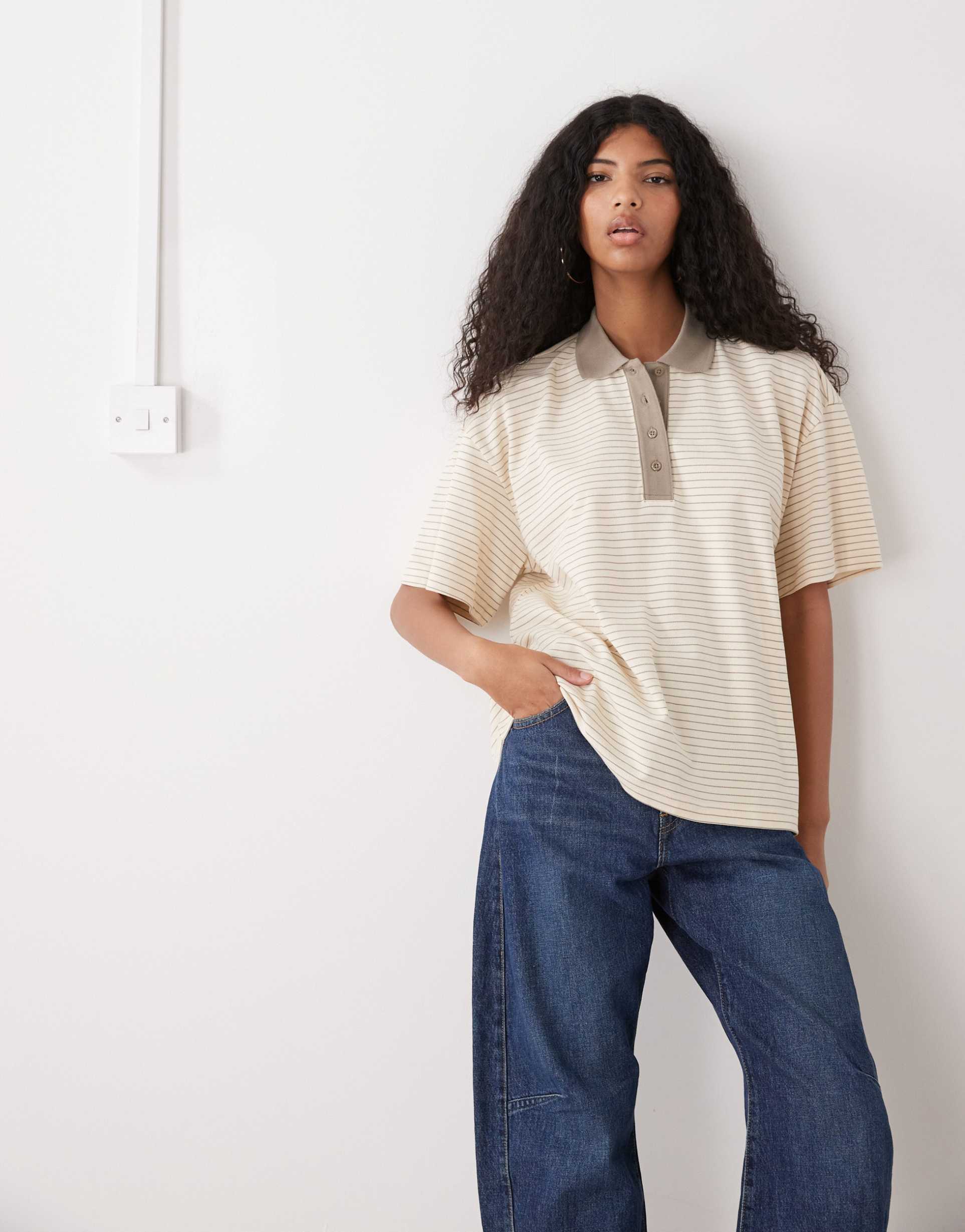 monki boxy fit short sleeve rugby polo shirt in lemon stripe