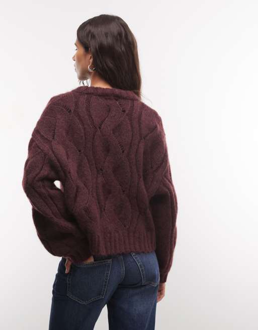 Monki boxy kabelstrikket trøje i burgundy, 3 af 4