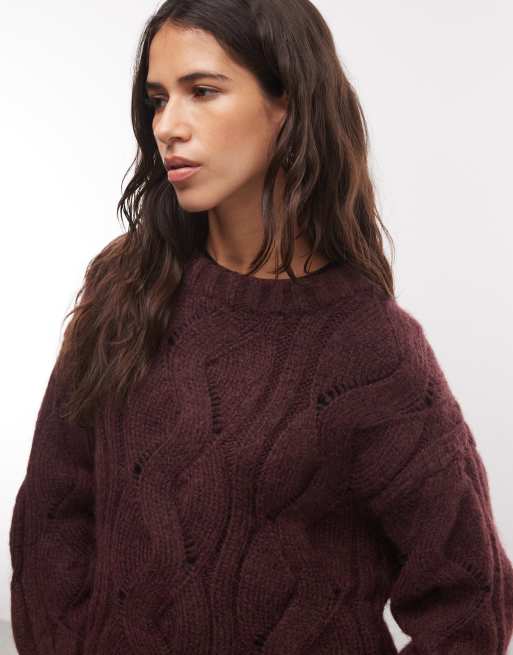 Monki boxy kabelstrikket trøje i burgundy, 4 af 4