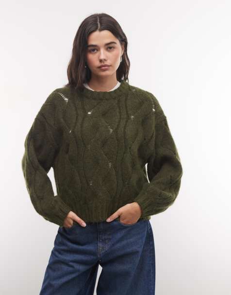 Monki boxy Strickpullover mit Zopfmuster in Khaki - view 1