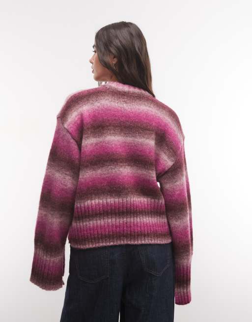 Monki boxy sweater with faded stripe in burgundy and pink stripe, 4 of 4