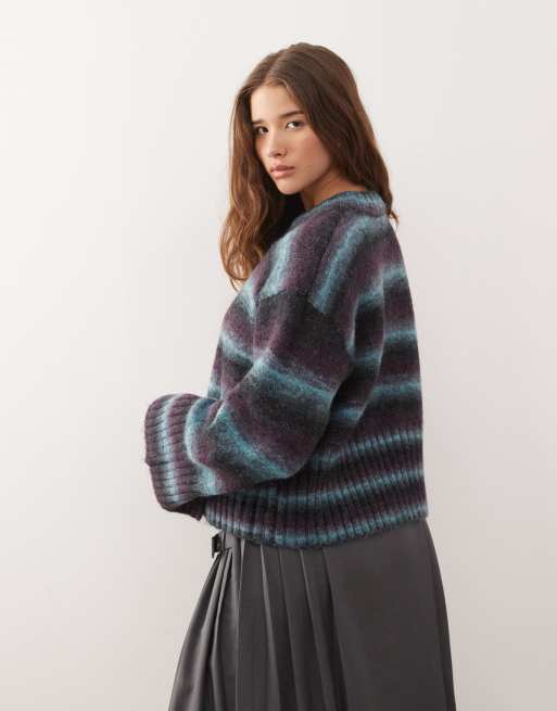 Monki boxy sweater with faded stripes in blue, 3 of 4