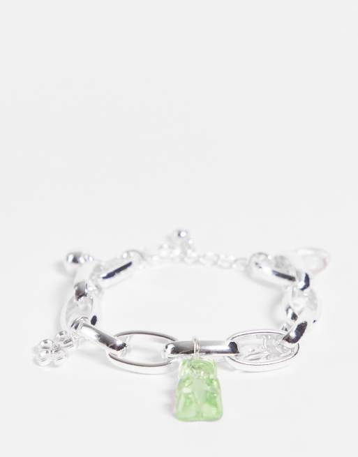 Monki - Bracelet style années 2000 à maillons variés et breloque ourson en gélatine - Argenté