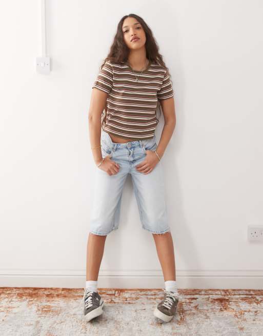 Monki – Brązowy obcisły i krótki T-shirt w paski, 2 z 4