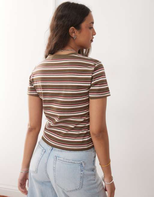 Monki – Brązowy obcisły i krótki T-shirt w paski, 4 z 4