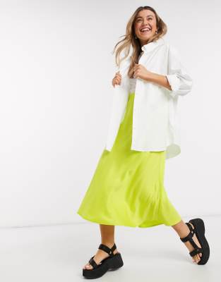 Monki Brisa satin midi skirt in lime green