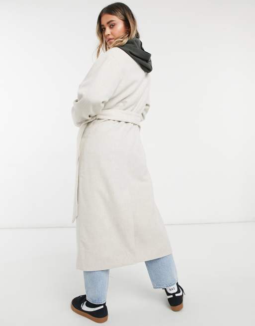 Monki Brix oversized coat with belt in beige ASOS