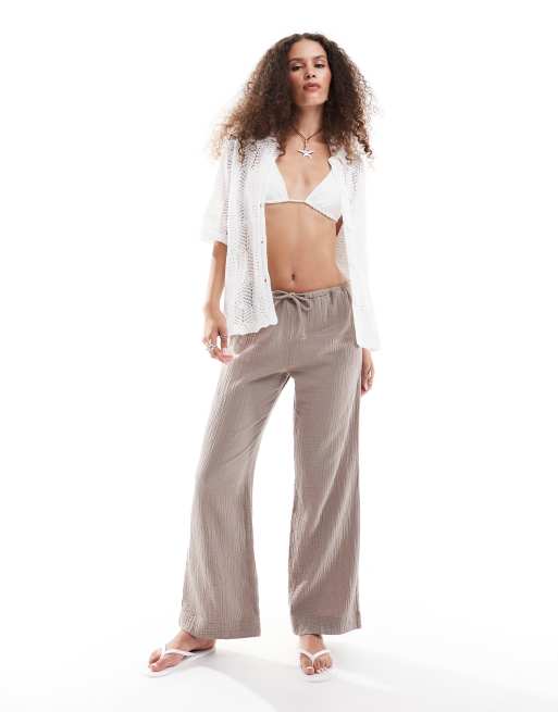 Monki - Broek met wijde pijpen, elastische taille en textuur in bruin
