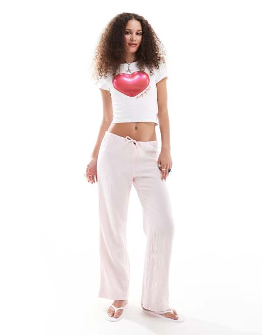 Monki - Broek met wijde pijpen, elastische taille en textuur in lichtroze