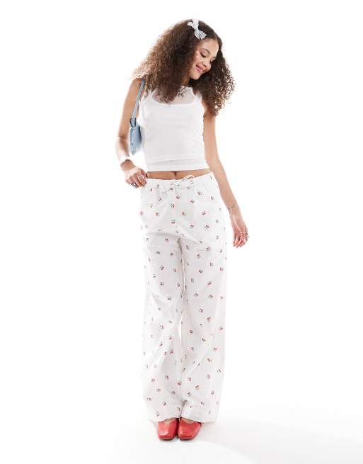Monki - Broek met wijde pijpen, trekkoord in de taille en kersenprint
