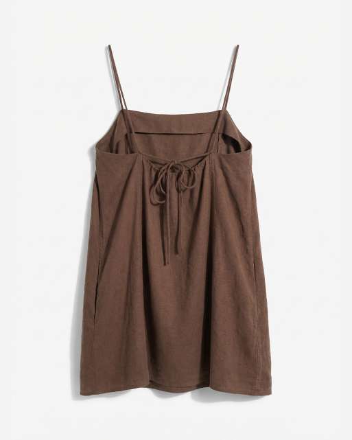 Monki – Brun miniklänning i linnemix med smala axelband och fickor, 6 av 7