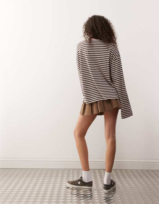 Monki – Brun- och rosarandig t-shirt i oversize med långa ärmar och sidoslits, 4 av 4