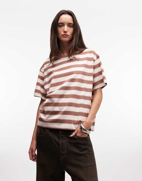 Monki - Brun oversized firkantet T-shirt med striber - view 1