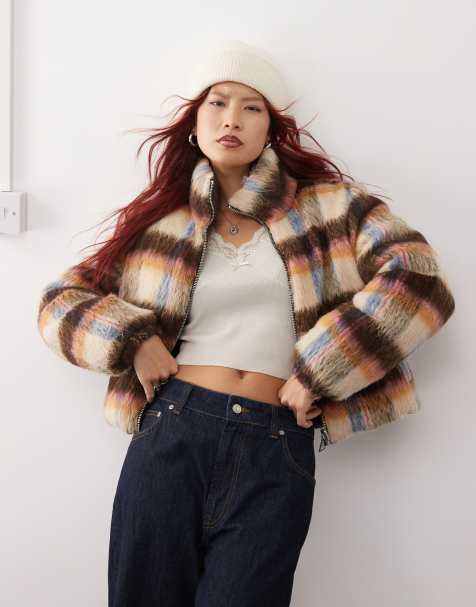 Monki – Brun, rutig, vadderad jacka med vändbar design - view 1