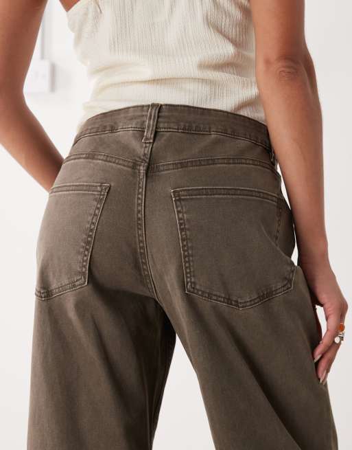 Monki – Bruna byxor i twill med vida ben och kontrasterande, uppvikt kant, 4 av 5