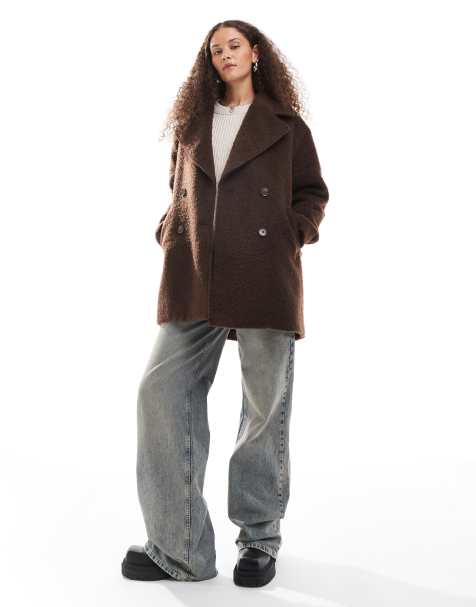 Monki brushed fur double breasted coat in brown - view 1