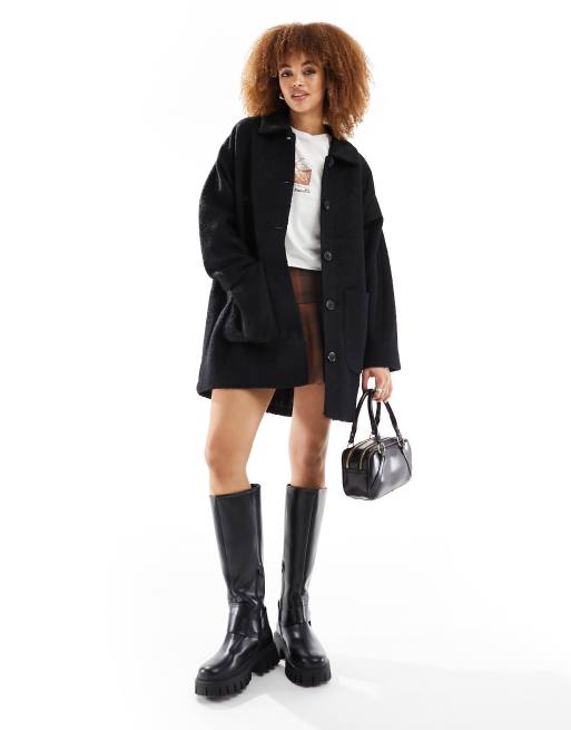 Monki brushed longline coat in black