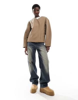 Monki brushed short collarless jacket with balloon sleeves in
