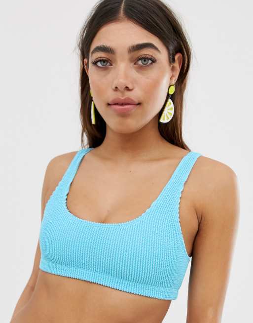 Monki bubble rib scoop neck bikini top in blue