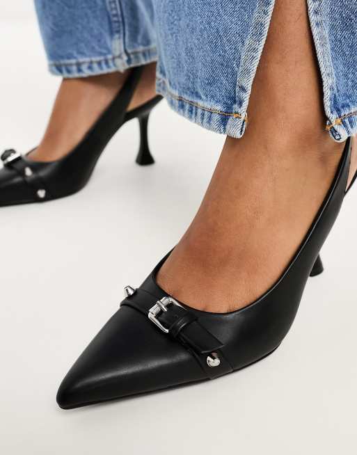 Leather heeled slingback shoes with buckles