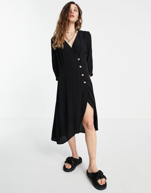 Monki button detail dress in black